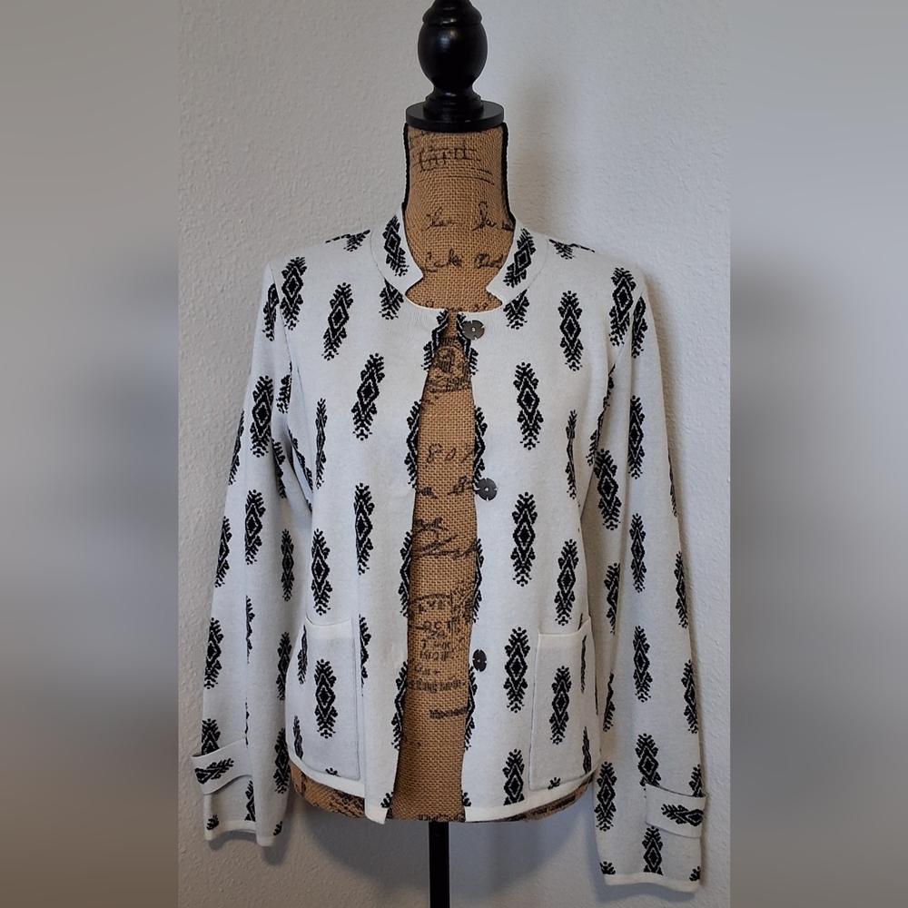 Anthropologie White Jacket with Black Geometric Pattern